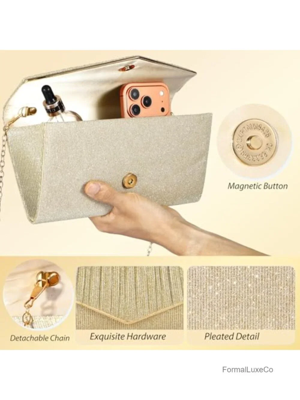 Sequined Clutch Evening Bag with Detachable Chain Crossbody